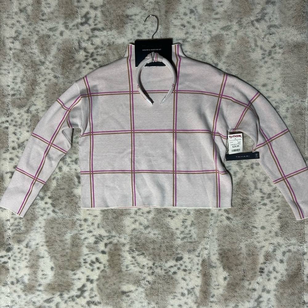 Tahari Pink and Cream Striped Turtleneck Sweater